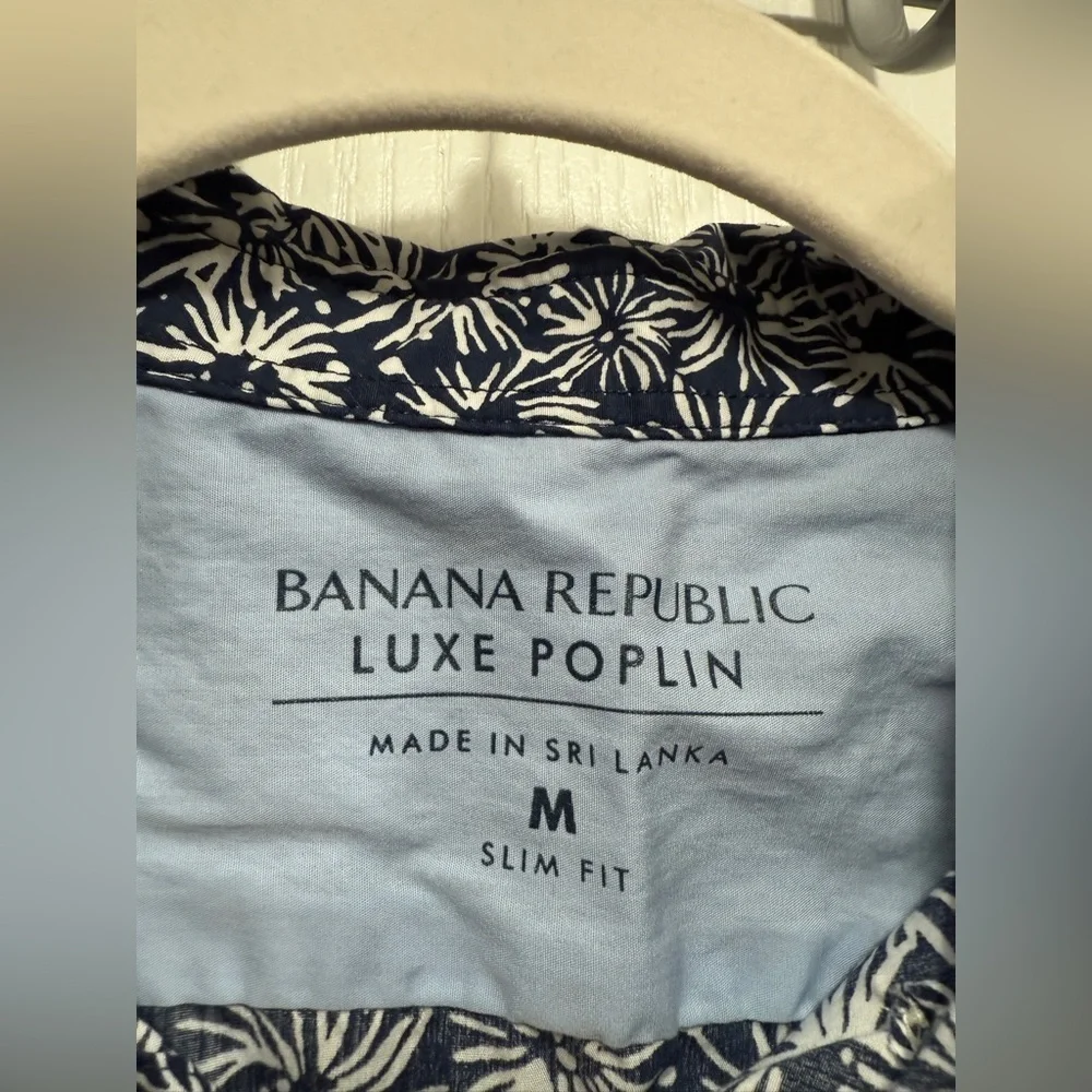 Banana Republic Men's m Slim-fit Luxe Poplin Shirt Navy white Fourth of July EUC
